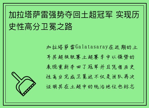 加拉塔萨雷强势夺回土超冠军 实现历史性高分卫冕之路 加拉塔萨雷强势夺回土超冠军 实现历史性高分卫冕之路