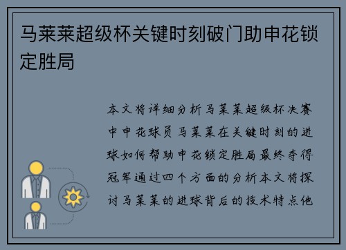 马莱莱超级杯关键时刻破门助申花锁定胜局