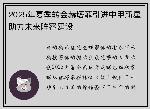 2025年夏季转会赫塔菲引进中甲新星助力未来阵容建设